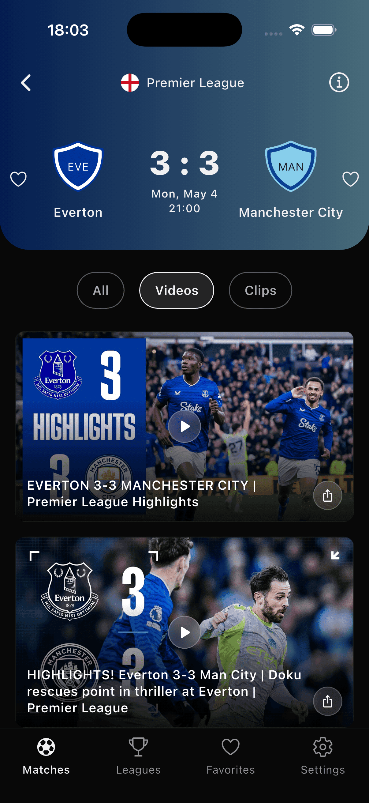 TopBin match highlights screen
